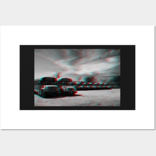 Anaglyph image of School buses waiting in a parking lot in Brooklyn, New York City Posters and Art